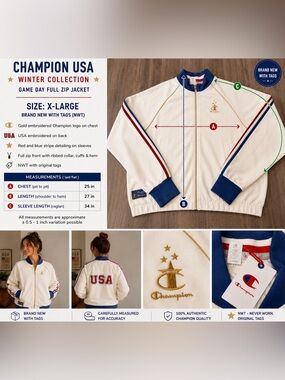 Champion USA Winter Collection Full Zip Jacket NWT XL Cream Red Blue